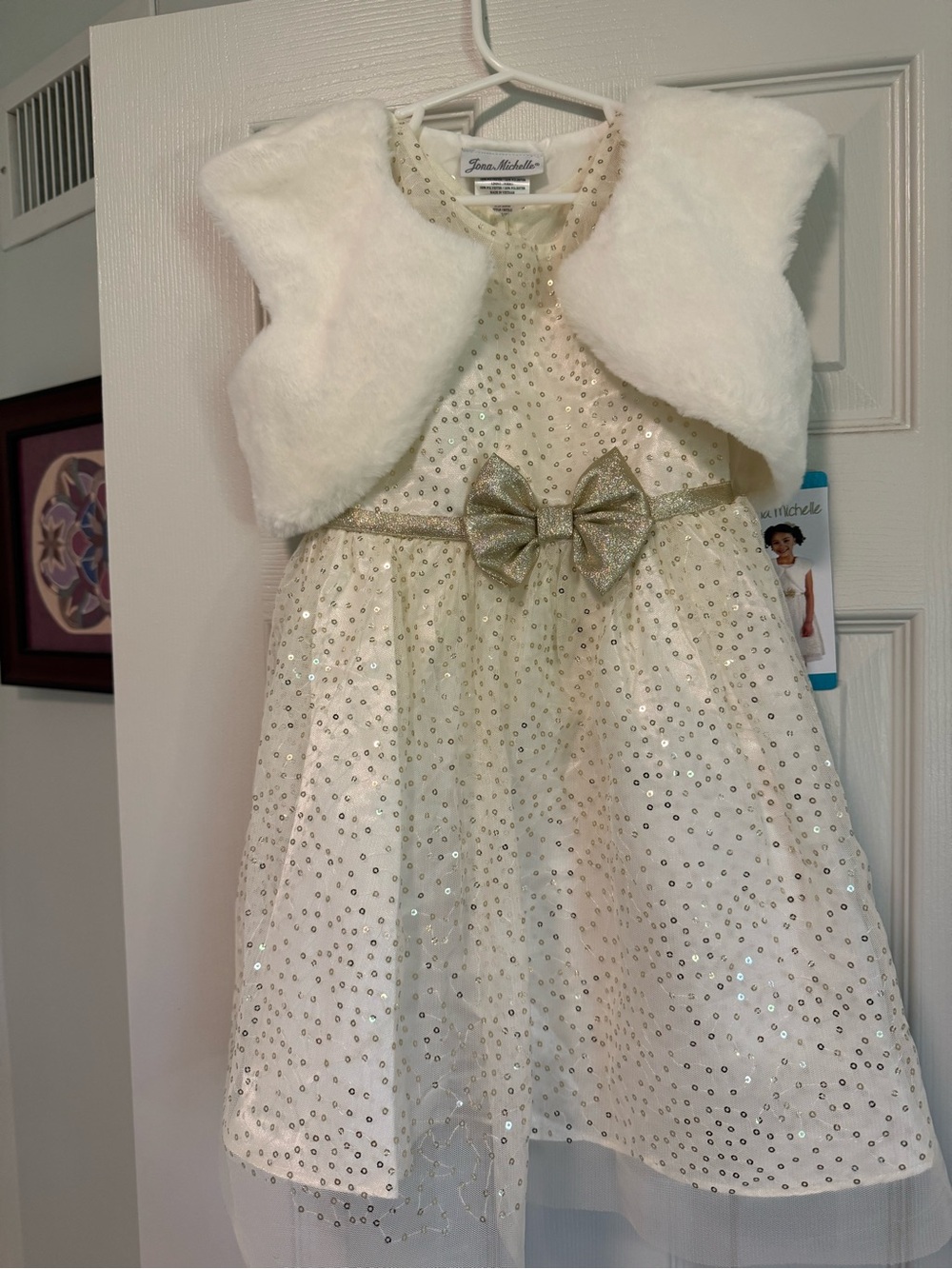 Jona Michelle Ivory Dress with Gold Sequin Bow